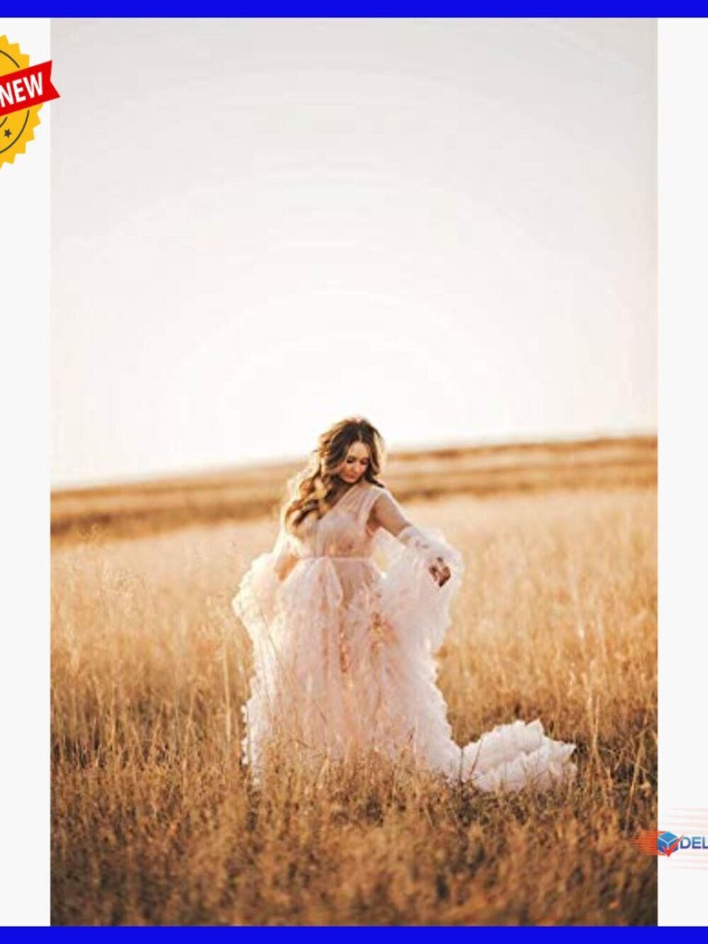 Tulle Maternity Robe Long Sleeve V-Neck Floor Length Photoshoot Gown - Picture 3 of 7